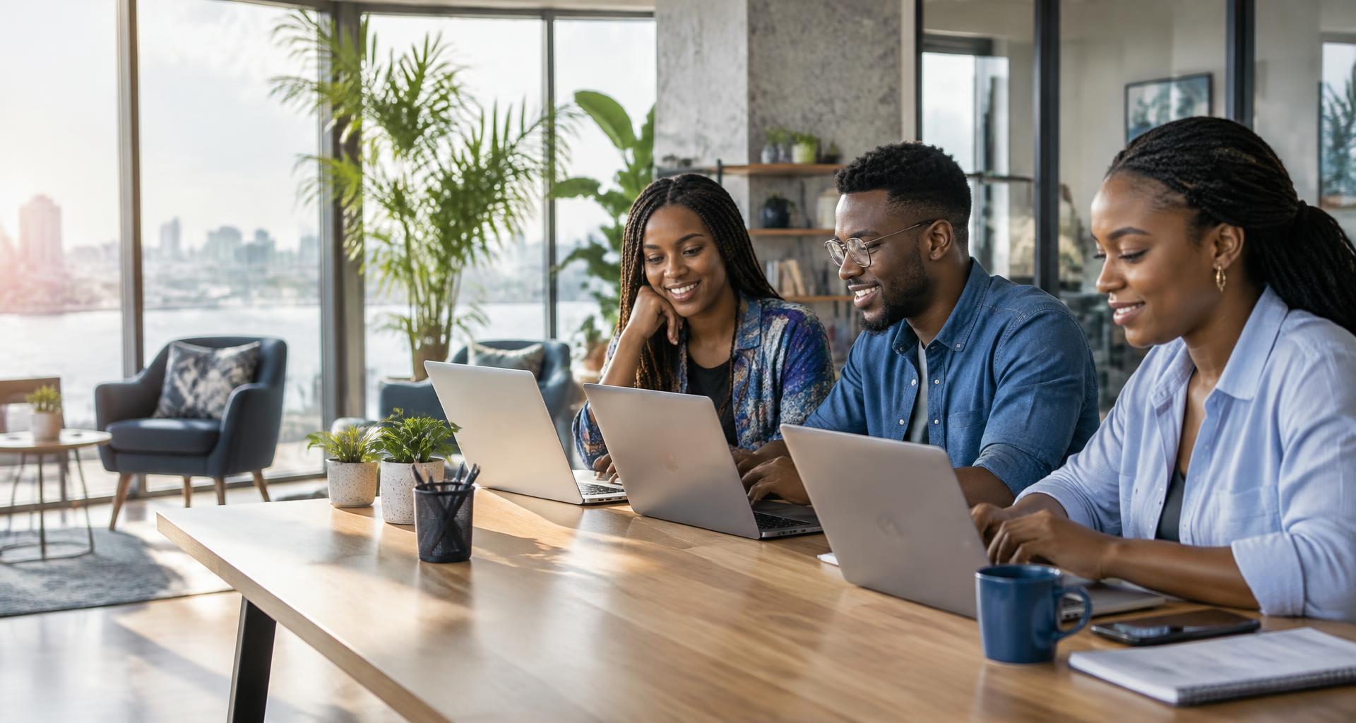 African professionals working together on laptops in a bright workspace